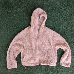 Billabong Womens M Pink Sherpa Fleece Full Zip Hooded Jacket Cropped Boxy Fit